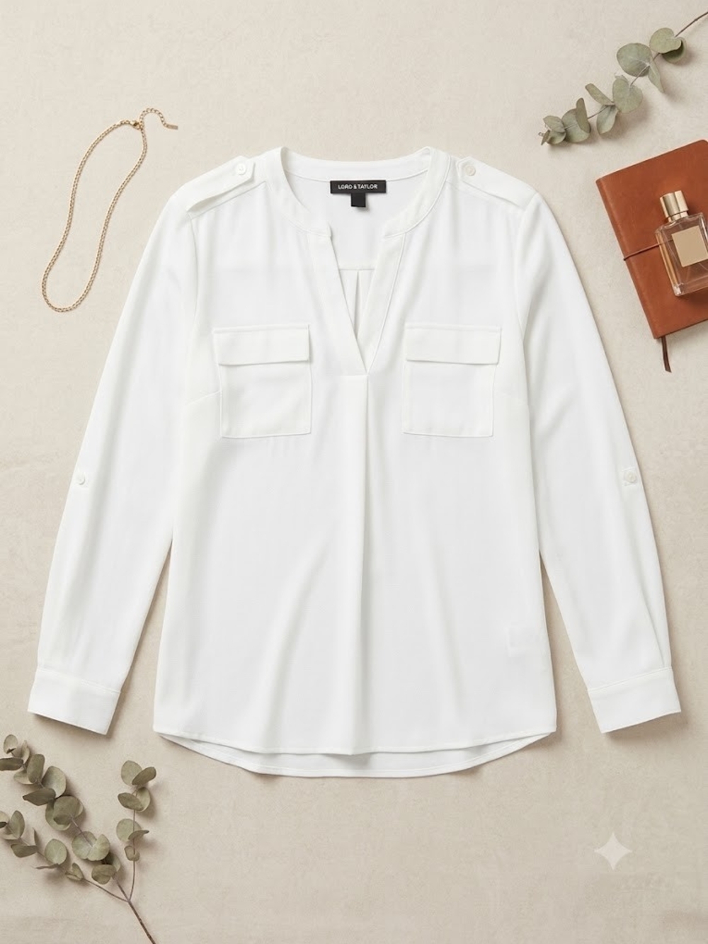 Plus Sized Split Neck Utility Blouse Roll Sleeve Minimalist Office Siren Blouse - Picture 4 of 17